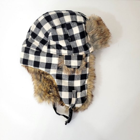 Black Check Flannel Hat with Flaps Faux Lined Cabincore - Picture 2 of 5